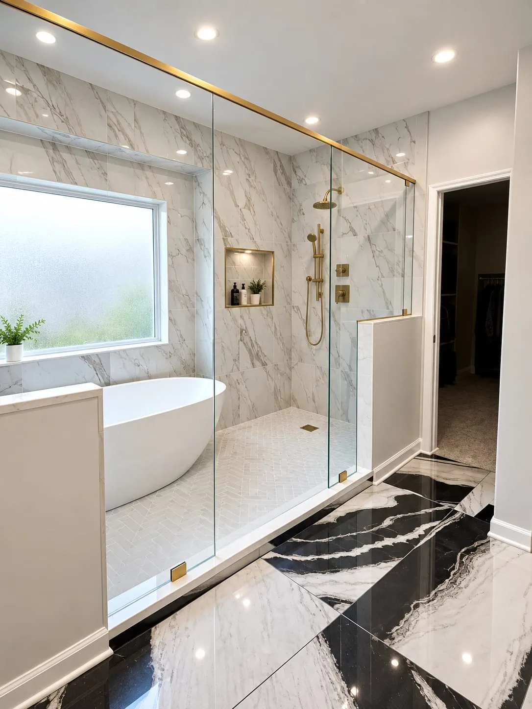 Modern bathroom with marble tile shower enclosure and white freestanding bathtub