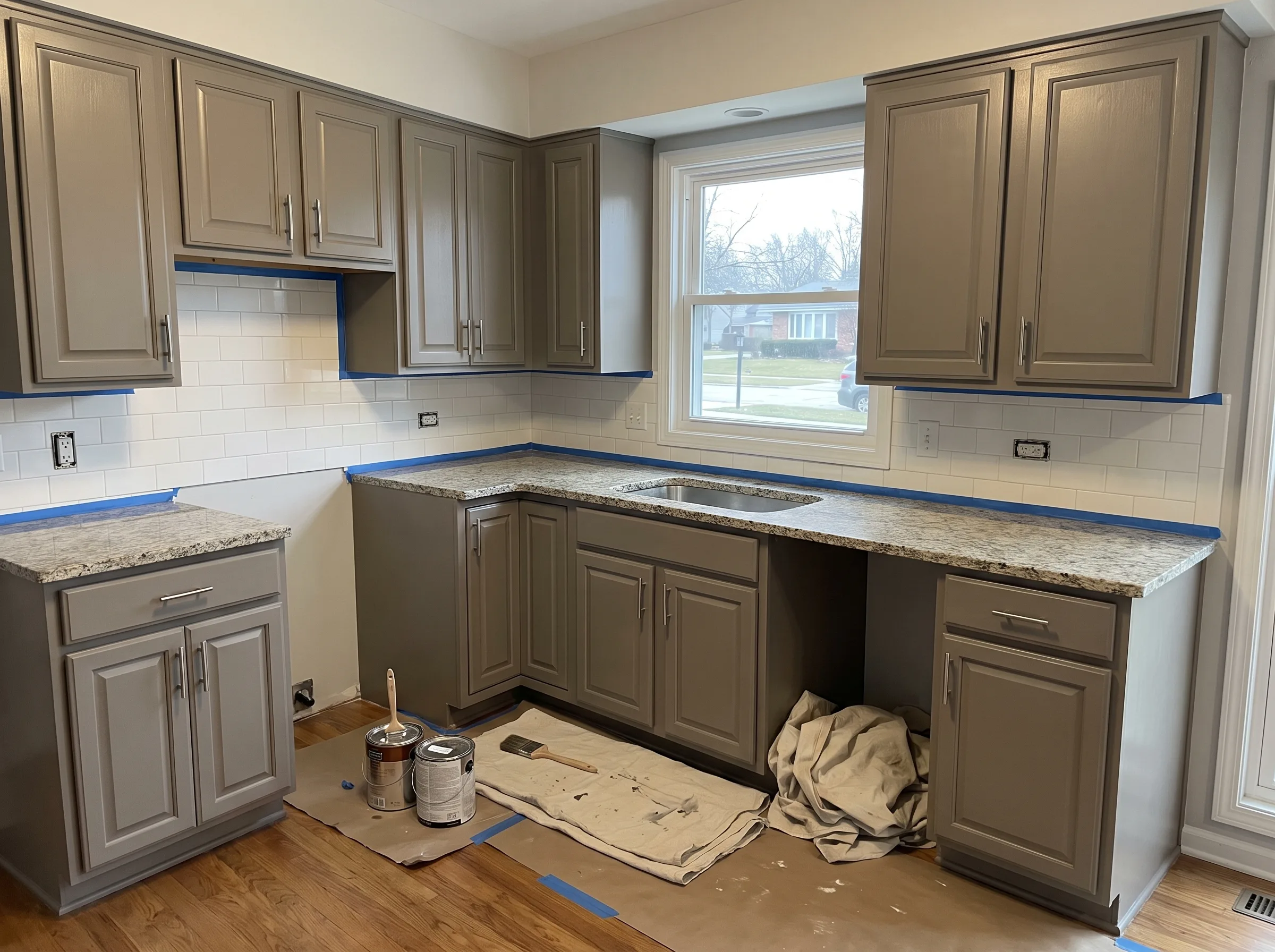 Kitchen renovation with granite countertop, painted cabinets, and new backsplash installation in progress