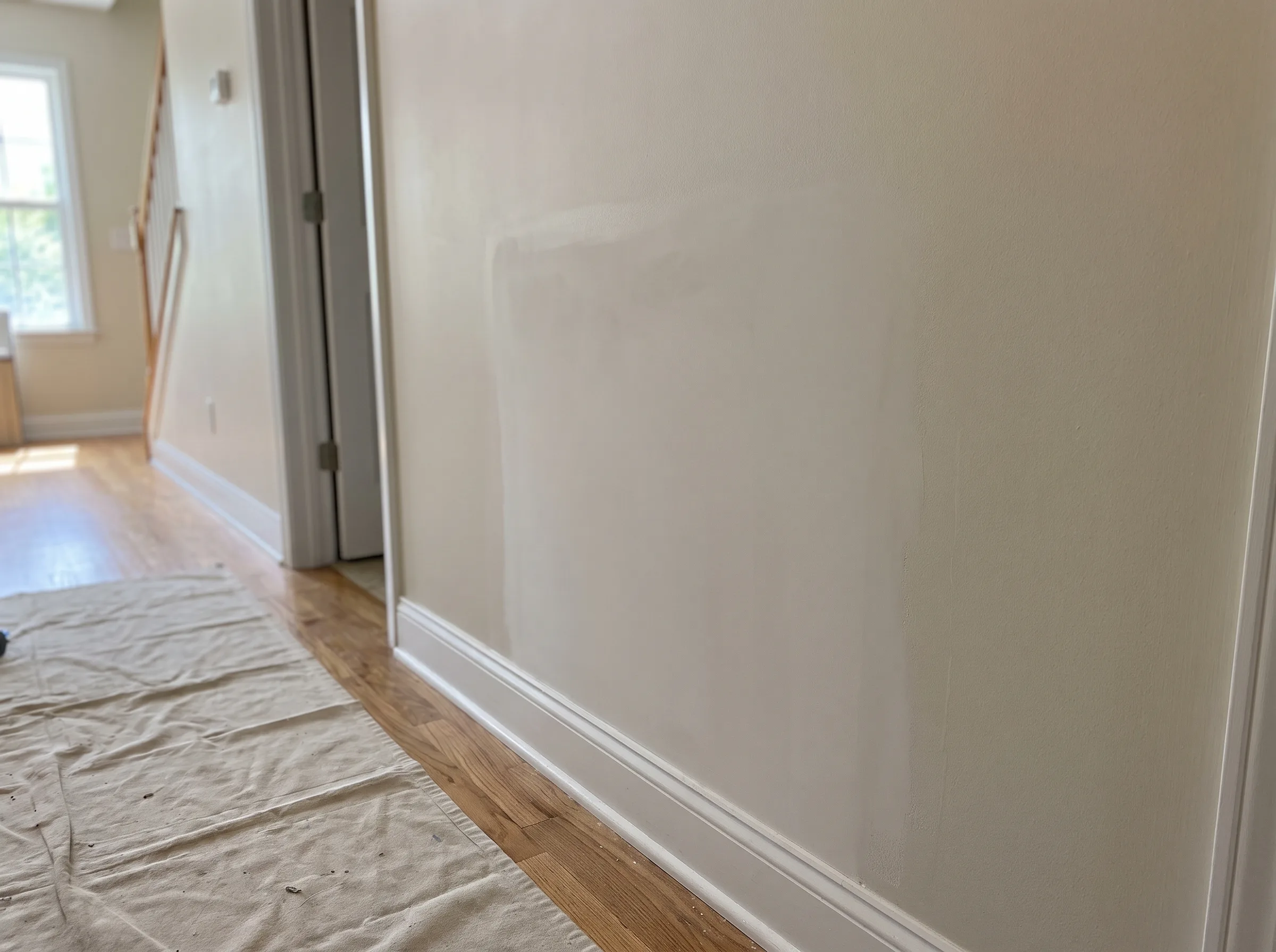 Freshly painted wall with drywall repair, showing craftsmanship detail and clean finish