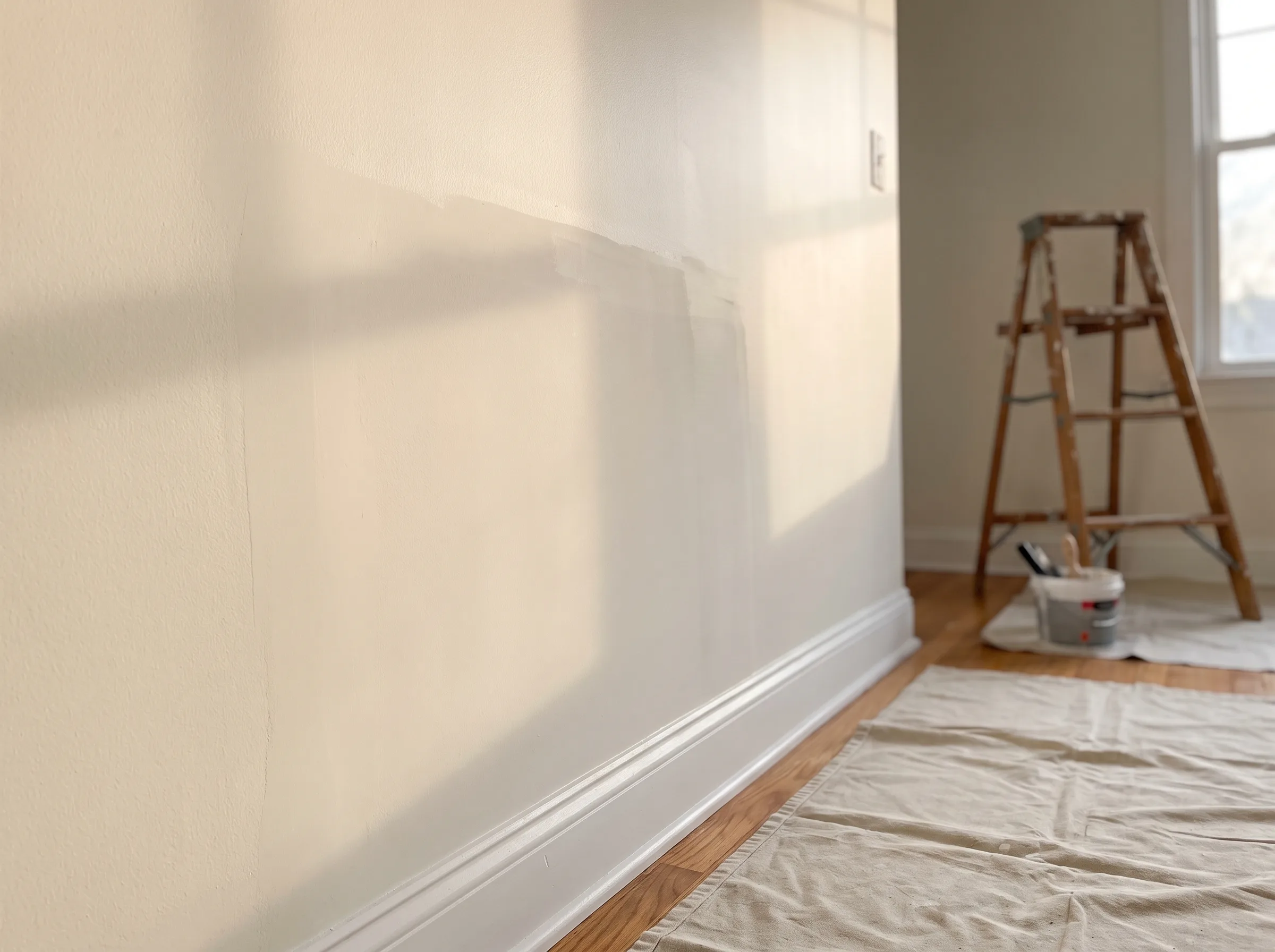 Freshly painted wall with a ladder and painting supplies on the floor