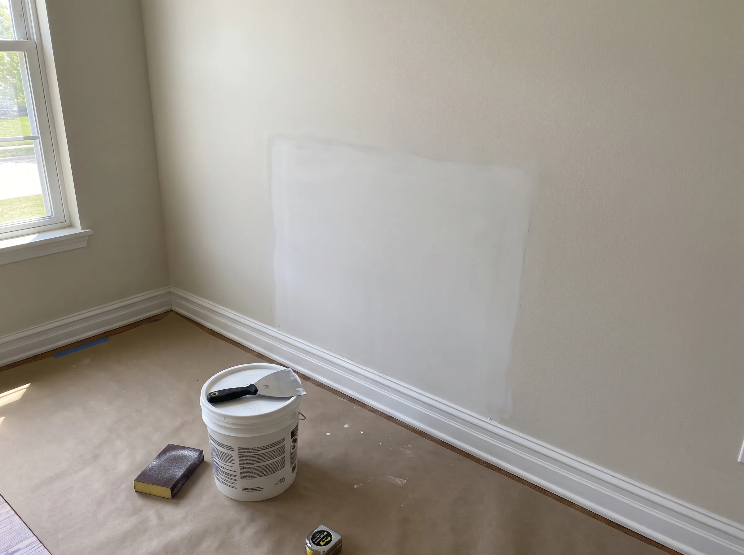 Wall preparation for interior painting with a patch and supplies visible