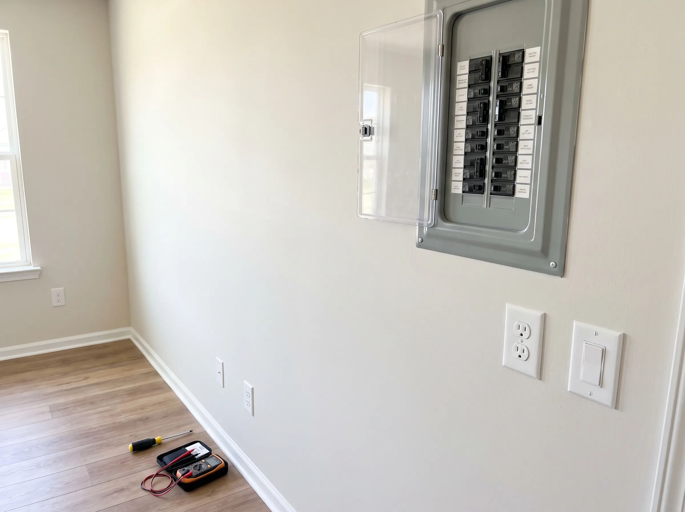 Electrical panel installation with tools on the floor and light-colored walls