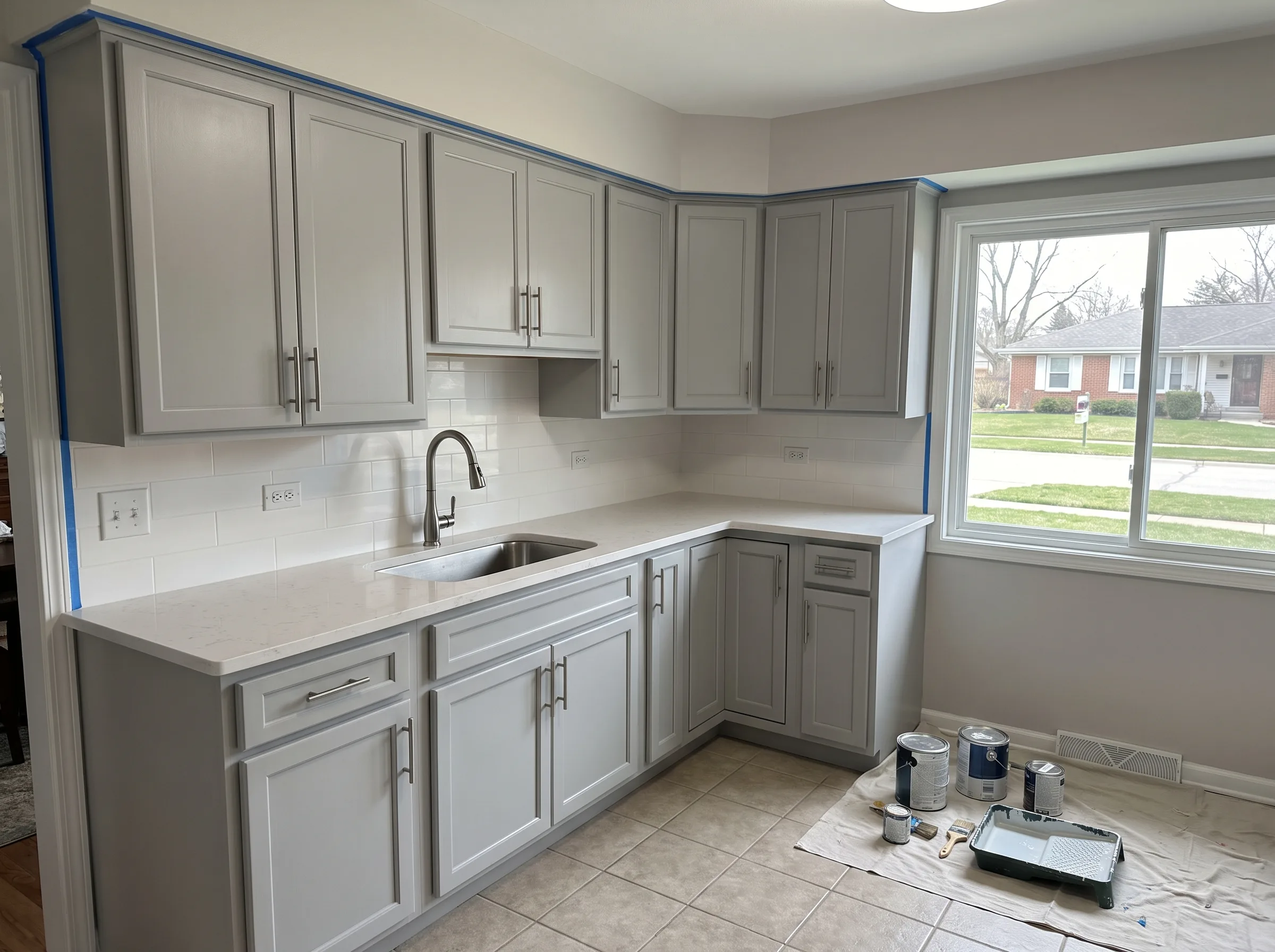 Freshly painted kitchen cabinets with a modern sink installation and clean tile backsplash
