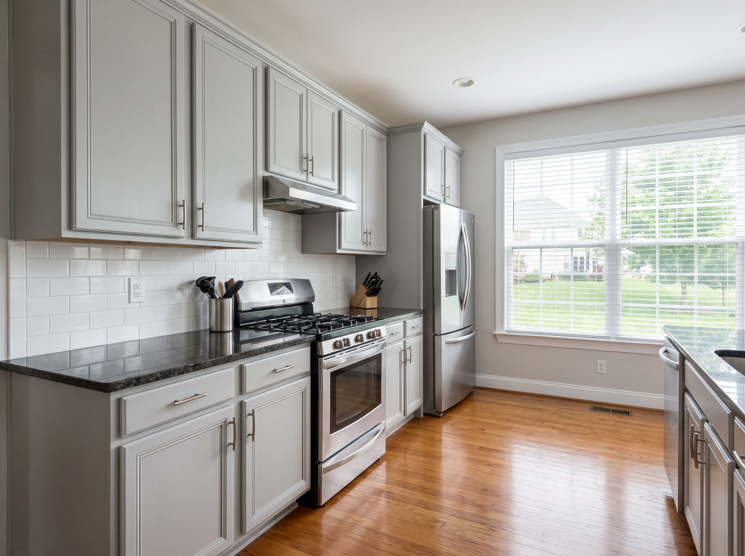 Modern kitchen with gray cabinets, stainless steel appliances, and wooden flooring