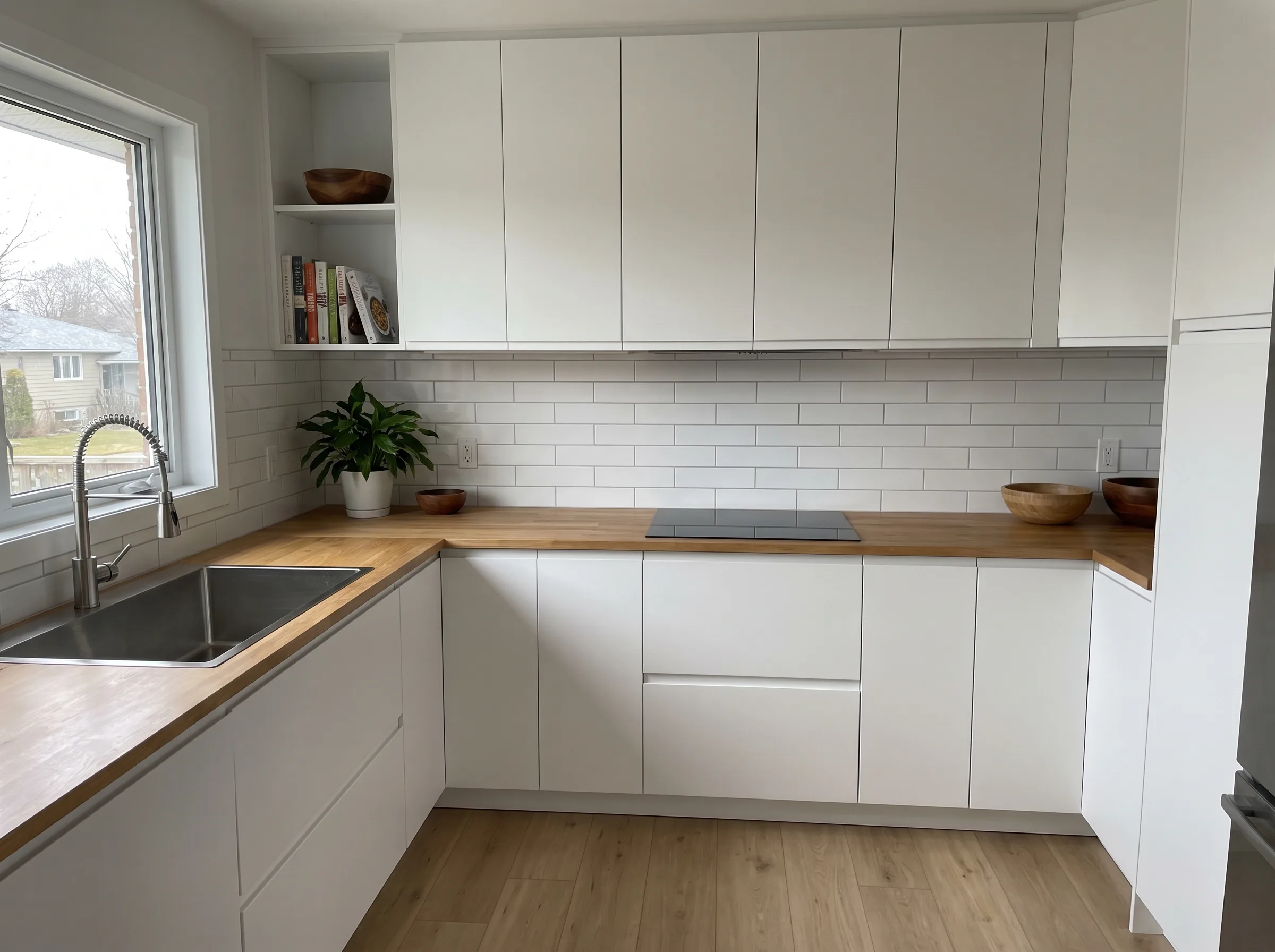 Modern kitchen featuring white cabinets, wooden countertop, and subway tile backsplash