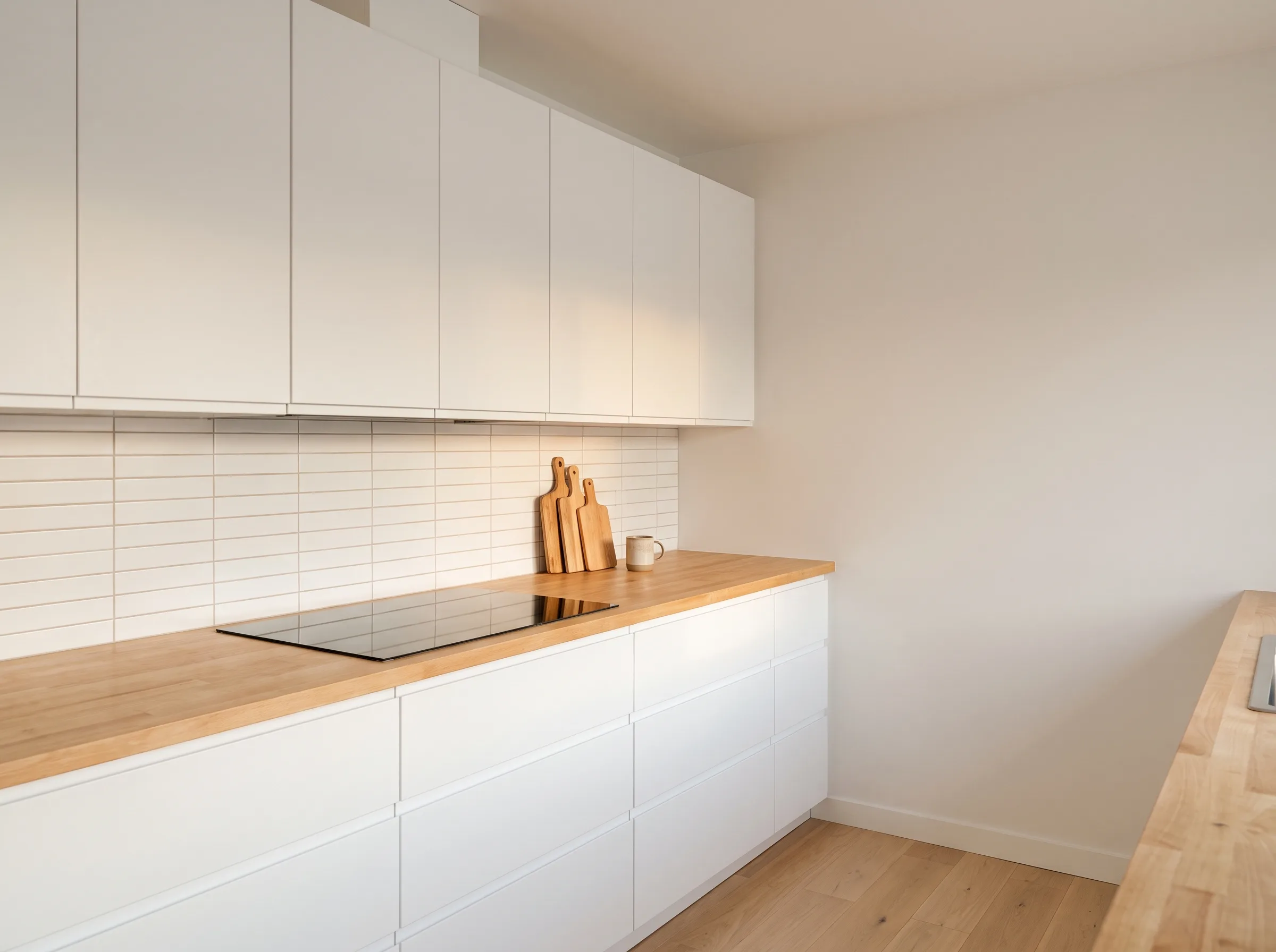 Modern kitchen featuring white cabinets, wooden countertop, and minimalistic design