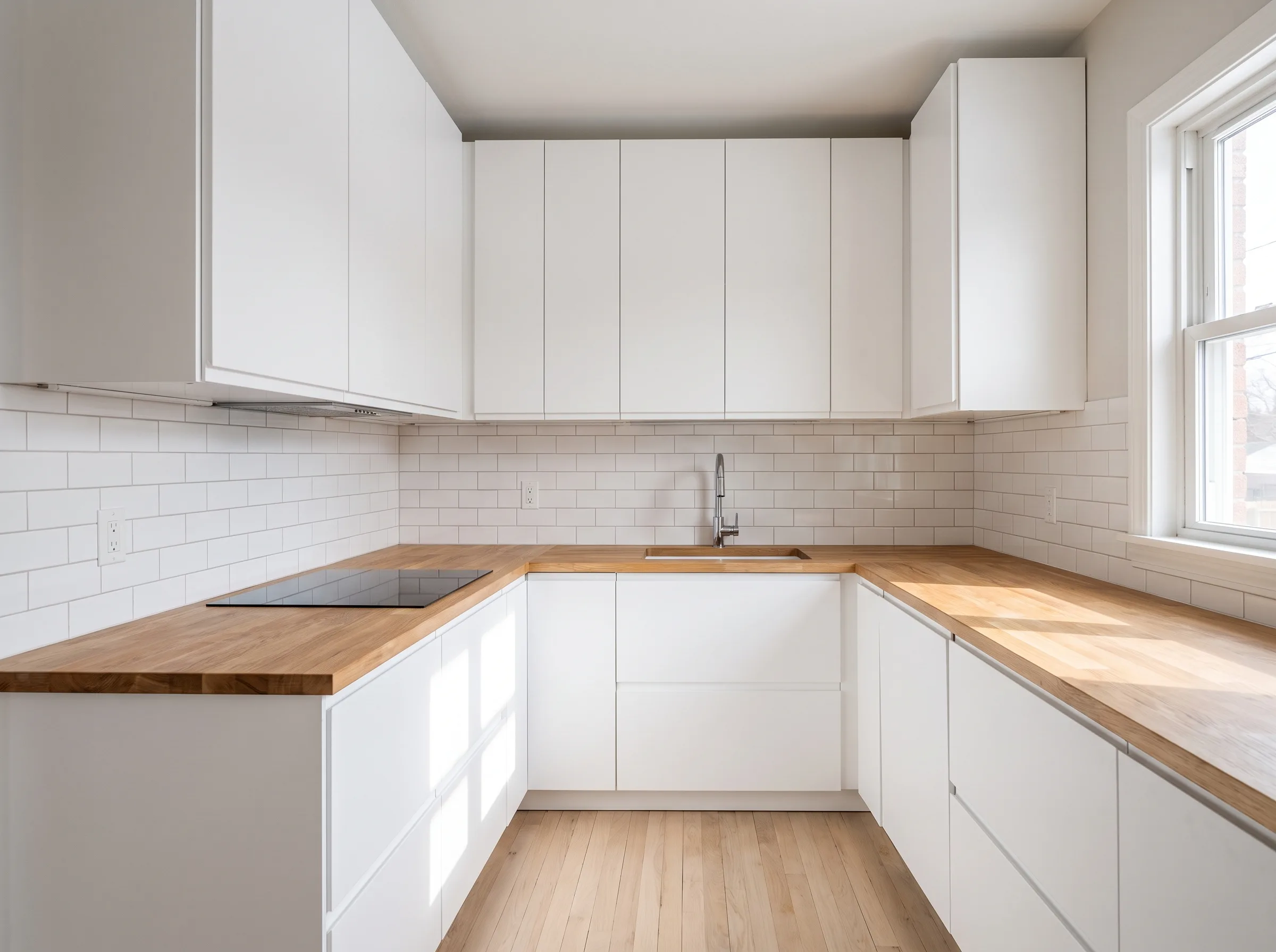 Modern kitchen with white cabinets and wooden countertops, showcasing clean lines and minimalist design