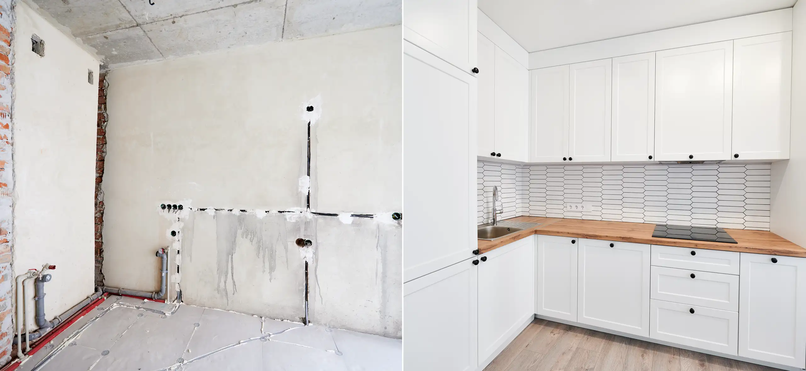 A kitchen remodel showing new cabinetry and backsplash installation