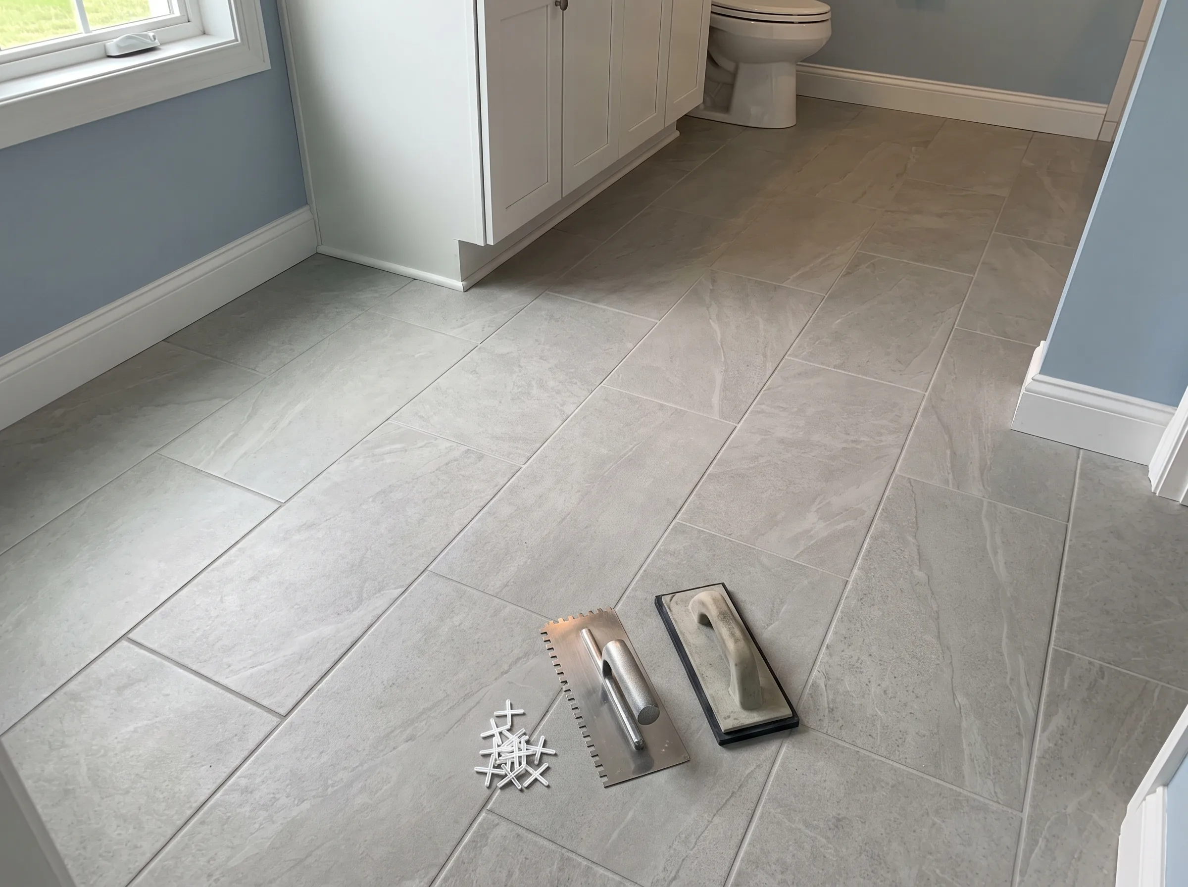 Newly installed ceramic tiles on a bathroom floor with tools nearby