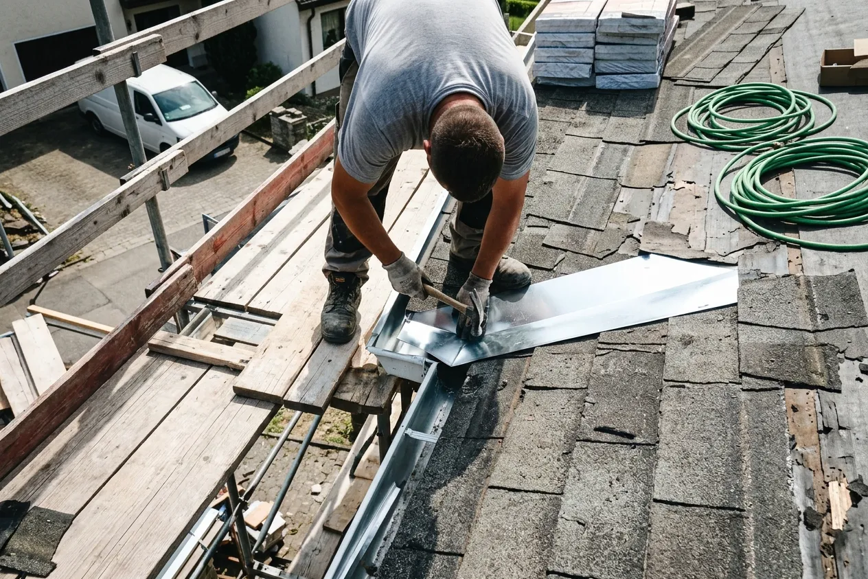 Worker installing roofing materials on a sloped roof using metal sheets