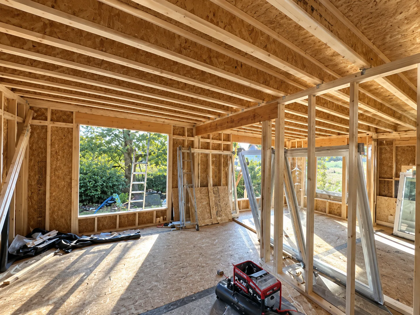 House extension interior with wooden framing construction in progress