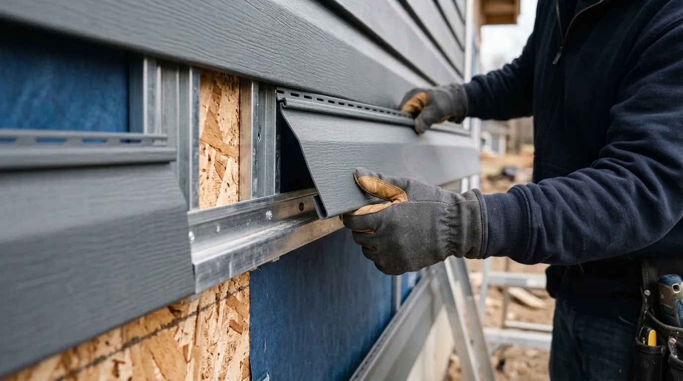 Close-up of a worker installing siding on a building exterior