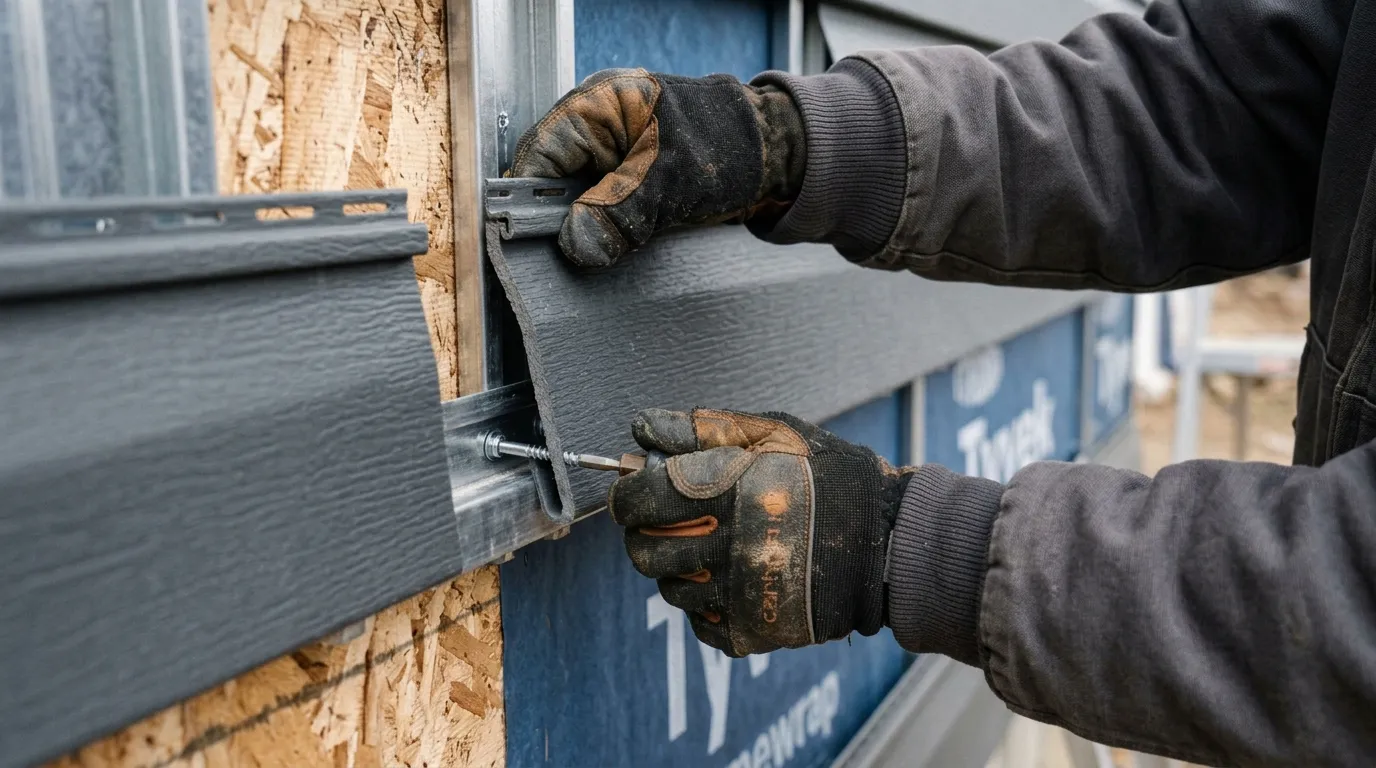A worker installing siding on a house exterior, showcasing precise craftsmanship in renovation