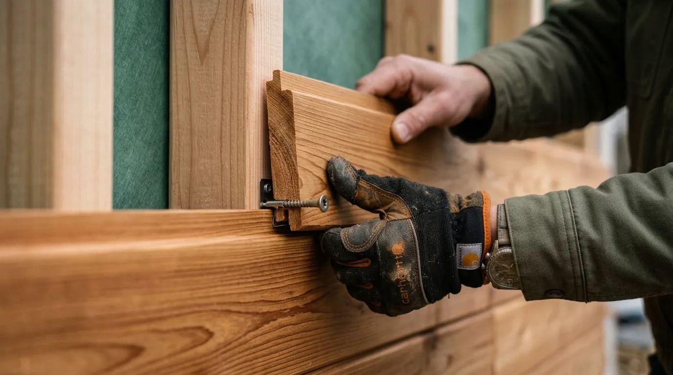 A close-up of a person installing wooden paneling with a screwdriver, showcasing craftsmanship